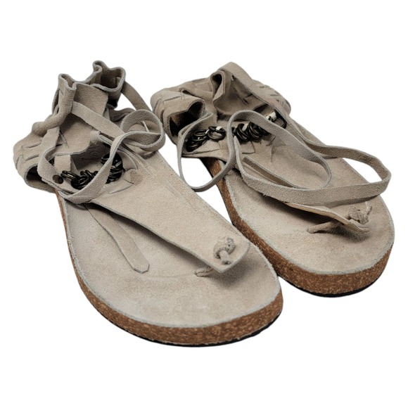 Free People Sandals 40 US 9.5 Collins Wrap Boho‎ Suede Beige Cork Gladiator Tie - Picture 2 of 9